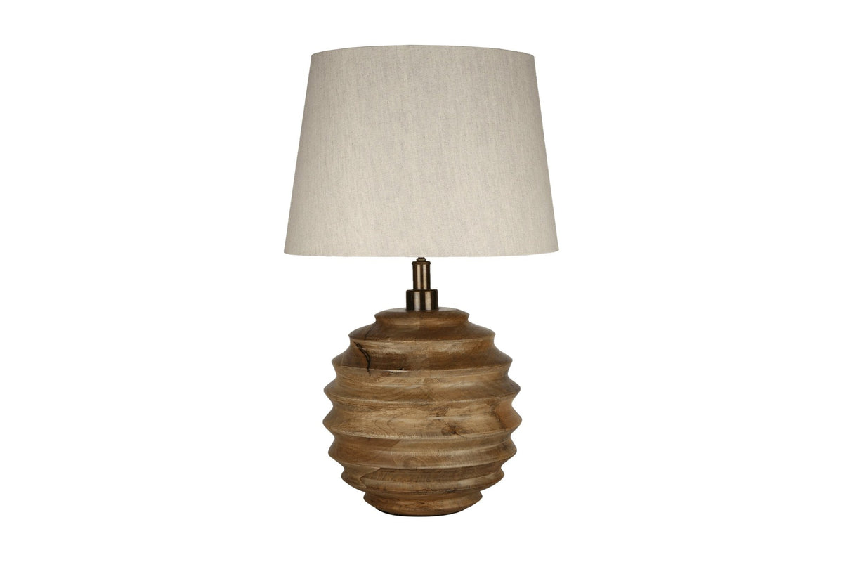 Linden mango wood table lamp with off-white cotton shade, front view