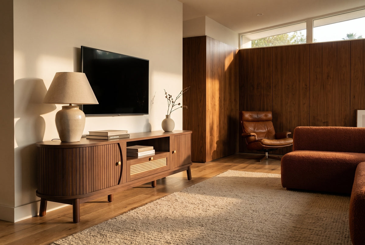 The Livia media console in Natural Walnut below a switched-off TV, in a mid-century living room with walnut panelling, a rust boucle sofa and a leather lounge chair in late sun