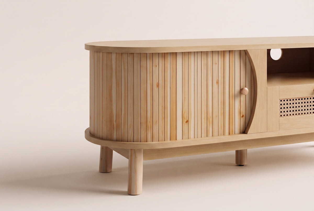Close-up of one rounded end of the Livia console in Natural: the curved reeded pale wood door, its knob and two legs