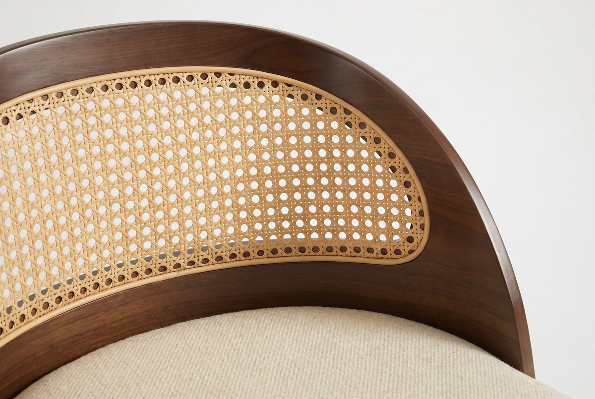 Close-up of the Locorotondo back: walnut-finish shell, honey cane-look weave panel with a thin trim