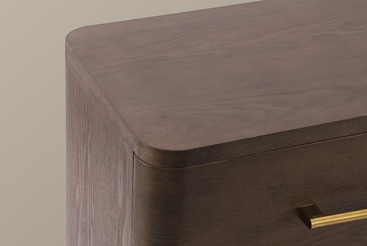 Close-up of the Lodi top corner in Brown Oak: the rounded top slab