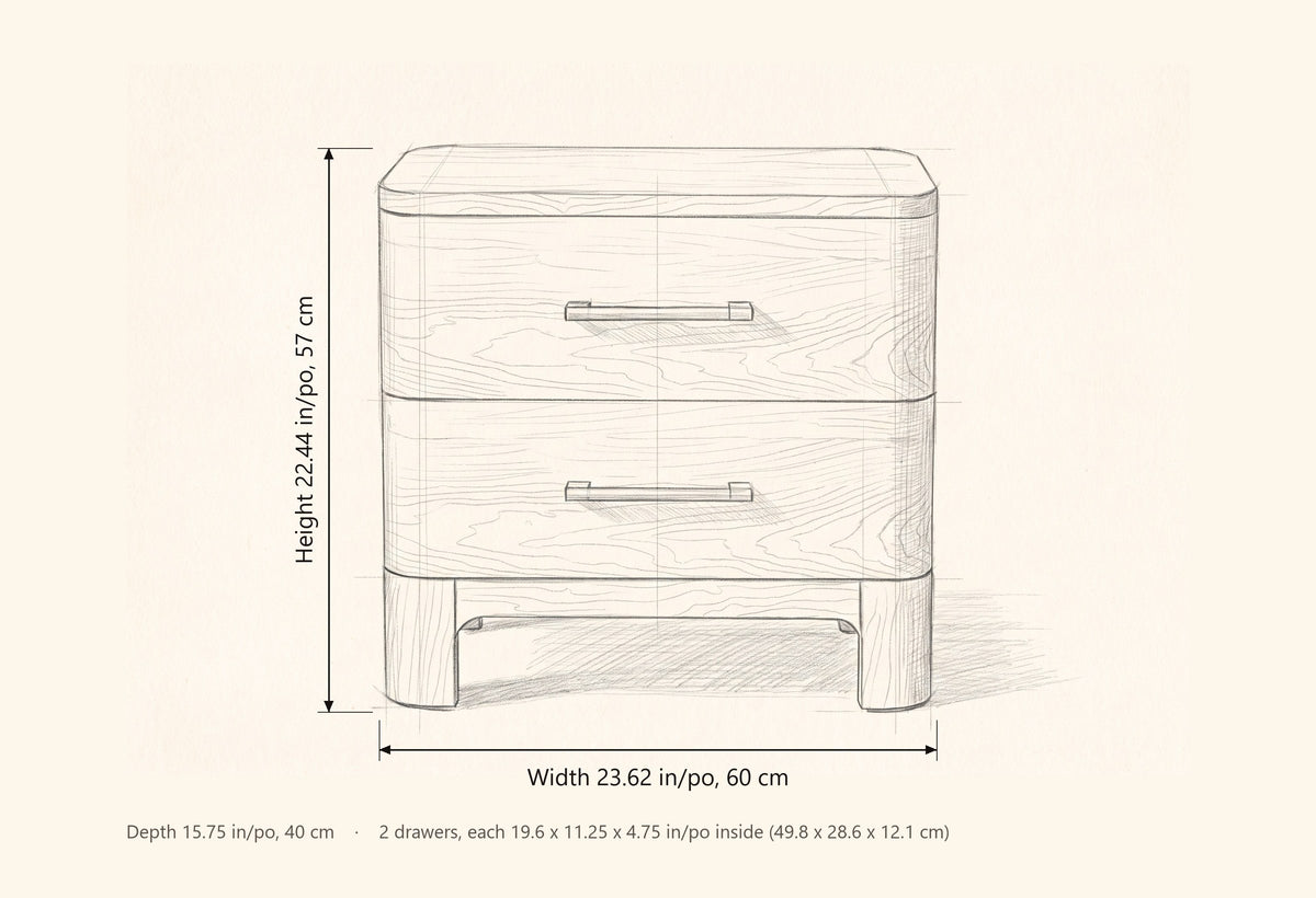 Lodi nightstand dimensions: 23.62 in wide, 22.44 in high, 15.75 in deep, 2 drawers each 19.6 x 11.25 x 4.75 in inside