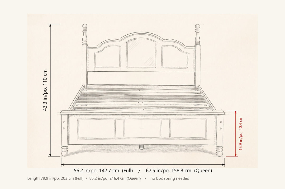Loreto bed dimensions: Full 56.2 in wide, Queen 62.5 in wide, 43.3 in high, footboard 15.9