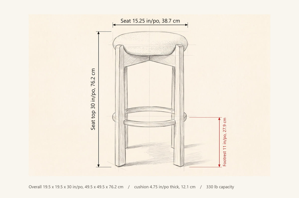 Lucera dimensions: 30 in seat height, seat 15.25 in across, footrest 11 in above the floor, 19.5 by 19.5 in overall
