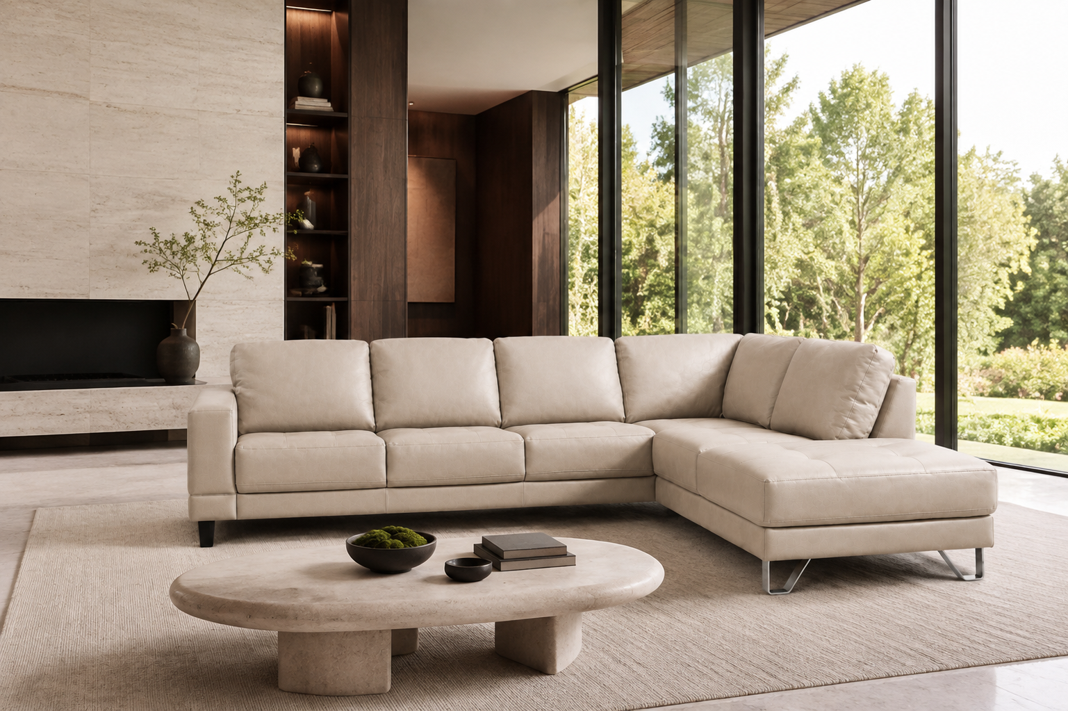 Lucien bisque leather sectional left bumper, back view full upholstery