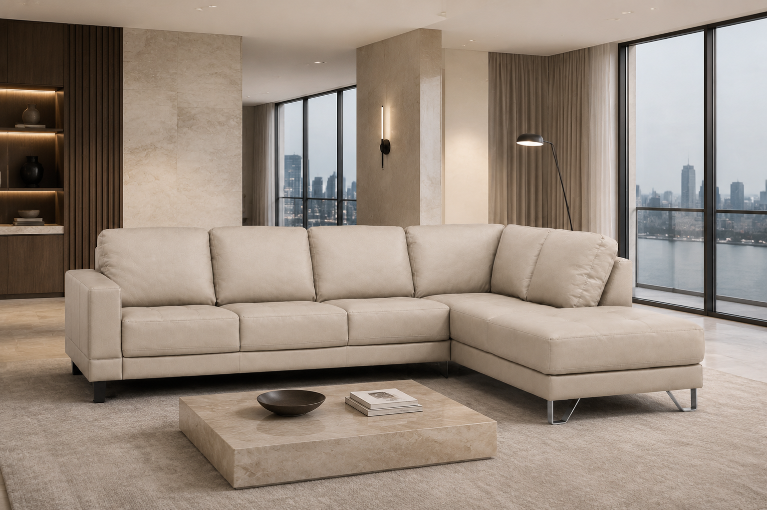 Lucien bisque leather sectional left bumper, low-profile modern silhouette