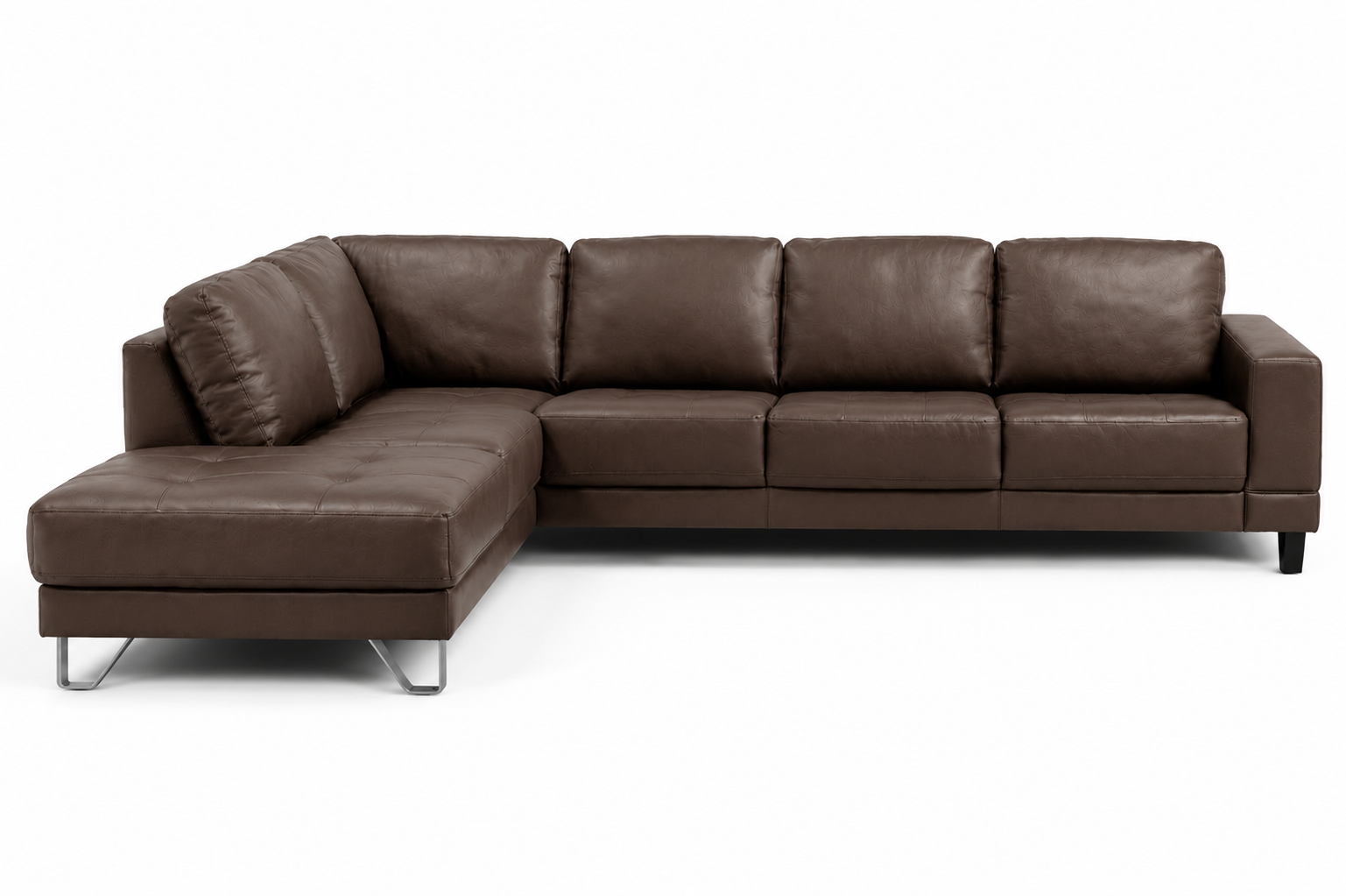 Lucien chocolate leather sectional left bumper, side profile with chaise