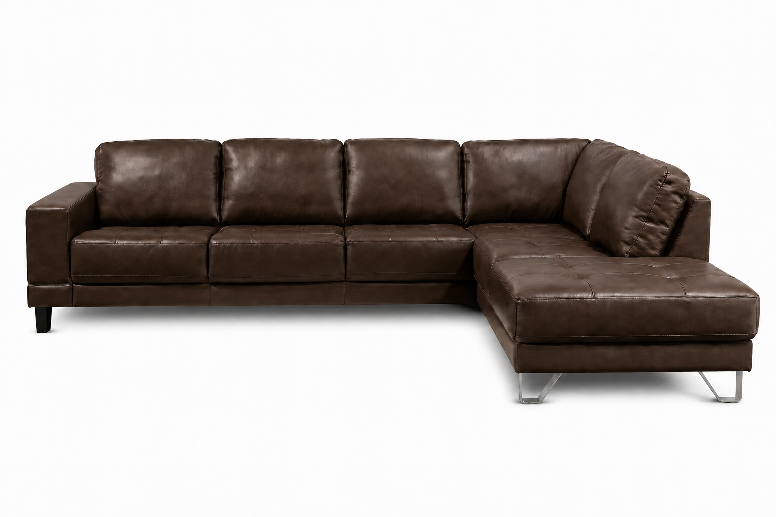 Lucien chocolate leather sectional sofa with right-facing chaise, front angle view