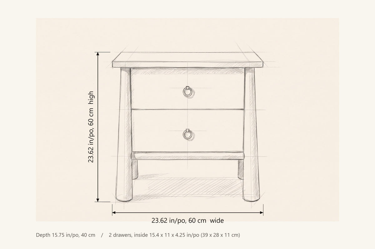 Malcesine dimensions: 23.62 in wide, 23.62 in high, 15.75 in deep, two drawers 15.4 x 11 x 4.25 in inside