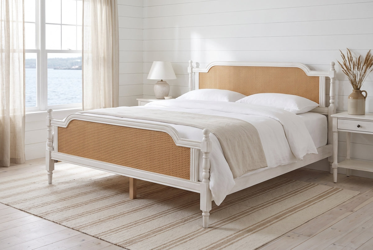 Manarola bed made up with white linen in a white shiplap bedroom by the harbour, morning light
