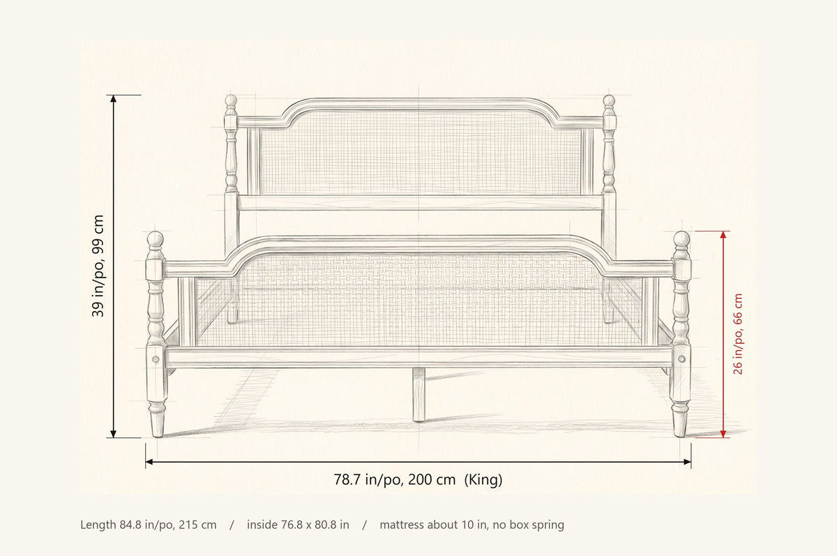 Manarola bed dimensions: King 78.7 in wide, 39 in high, footboard 26 in, 84.8 in long