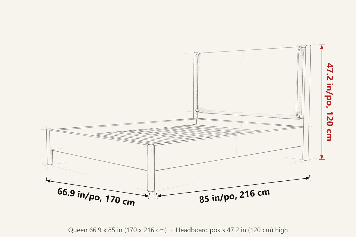 Manciano dimensions on a pencil sketch of the bed: Queen 66.9 in wide, 85 in long, head posts 47.2 in high