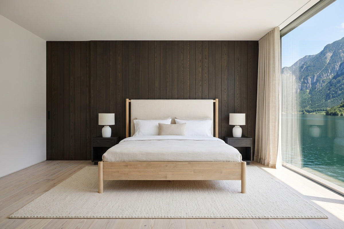 Front view of the Manciano bed in a bedroom in a Hallstatt lakeside house