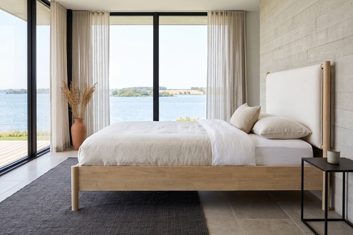 Side view of the Manciano bed in a bedroom in a Wolfe Island house in Ontario