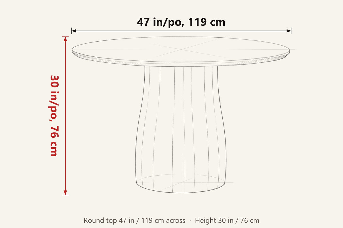 Marano dimensions on a pencil sketch of the table: 47 in across, 30 in high