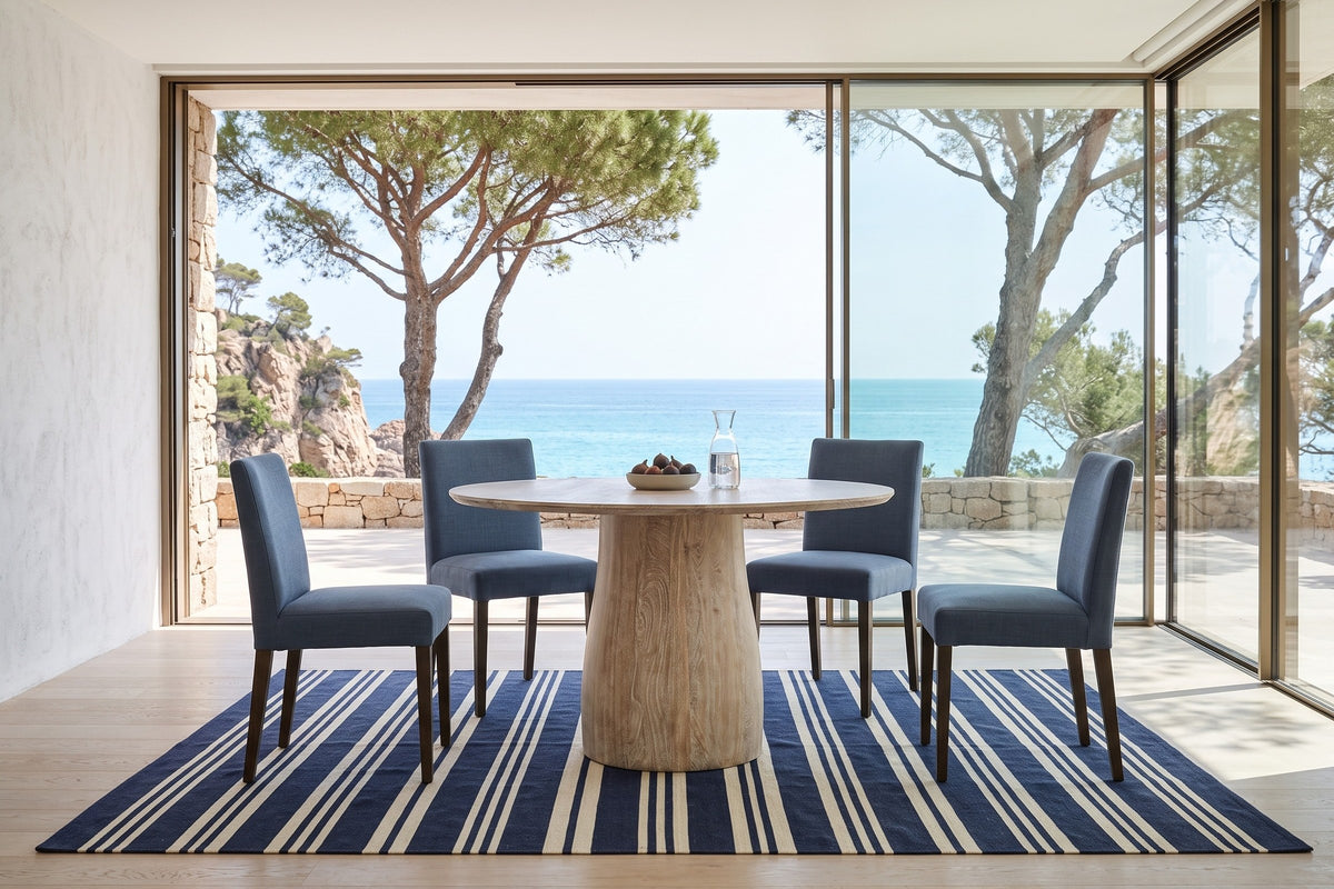 Marano round dining table in a Begur villa above the sea, with white lime plaster, a navy striped rug