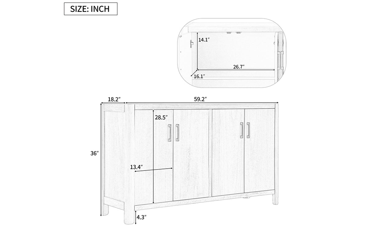 Maren storage cabinet dimensions: 59.2 in wide, 18.2 in deep, 36 in high, with doors 28.5 in high and 4.3 in under the cabinet