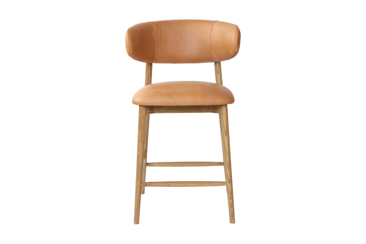 Marlow Hazelnut leather counter stool, front view