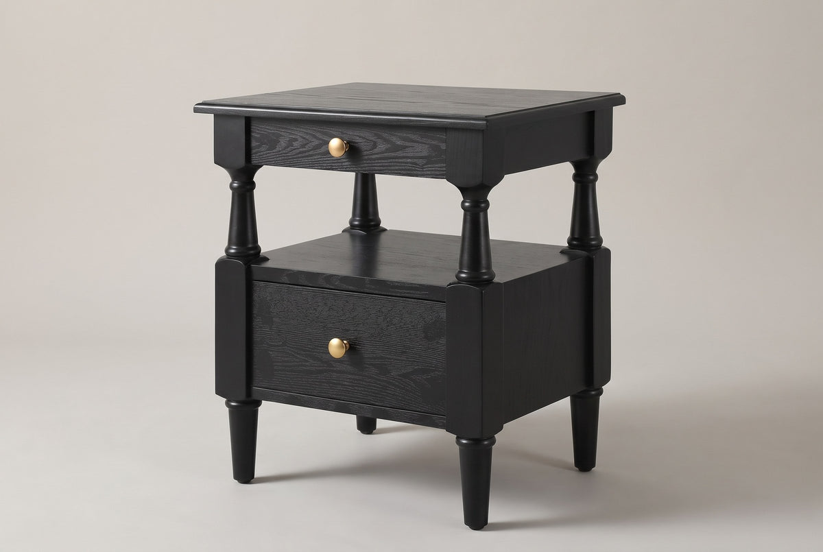 Marsala nightstand in Black, three-quarter view on a warm grey studio backdrop