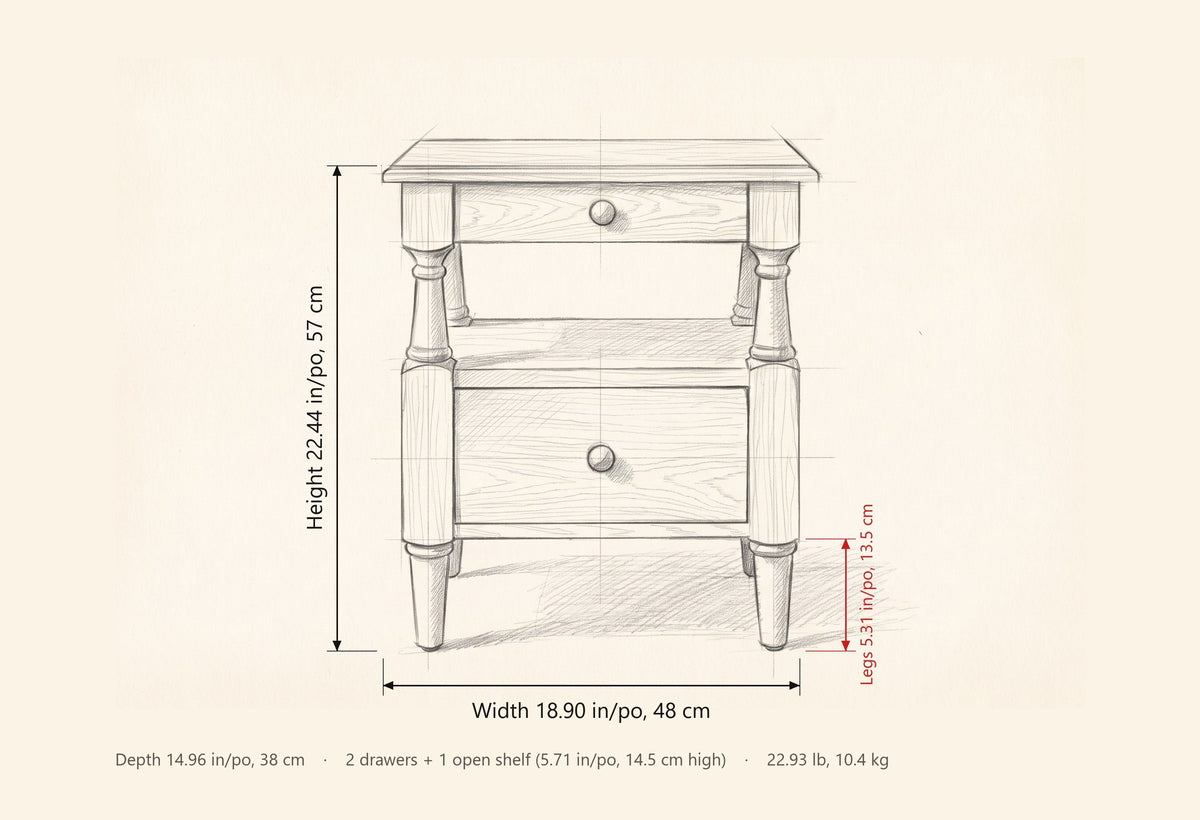 Marsala nightstand dimensions: 18.90 in wide, 22.44 in high, 14.96 in deep, legs 5.31 in, 2 drawers and an open shelf