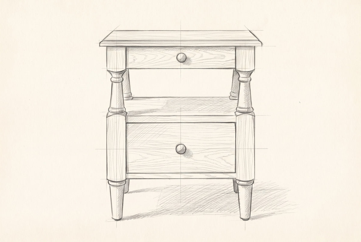 Pencil drawing of the Marsala nightstand traced from the front view