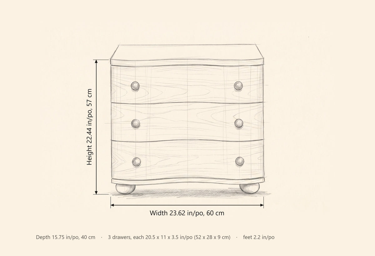 Merano nightstand dimensions: 23.62 in wide, 22.44 in high, 15.75 in deep, 3 drawers each 20.5 x 11 x 3.5 in