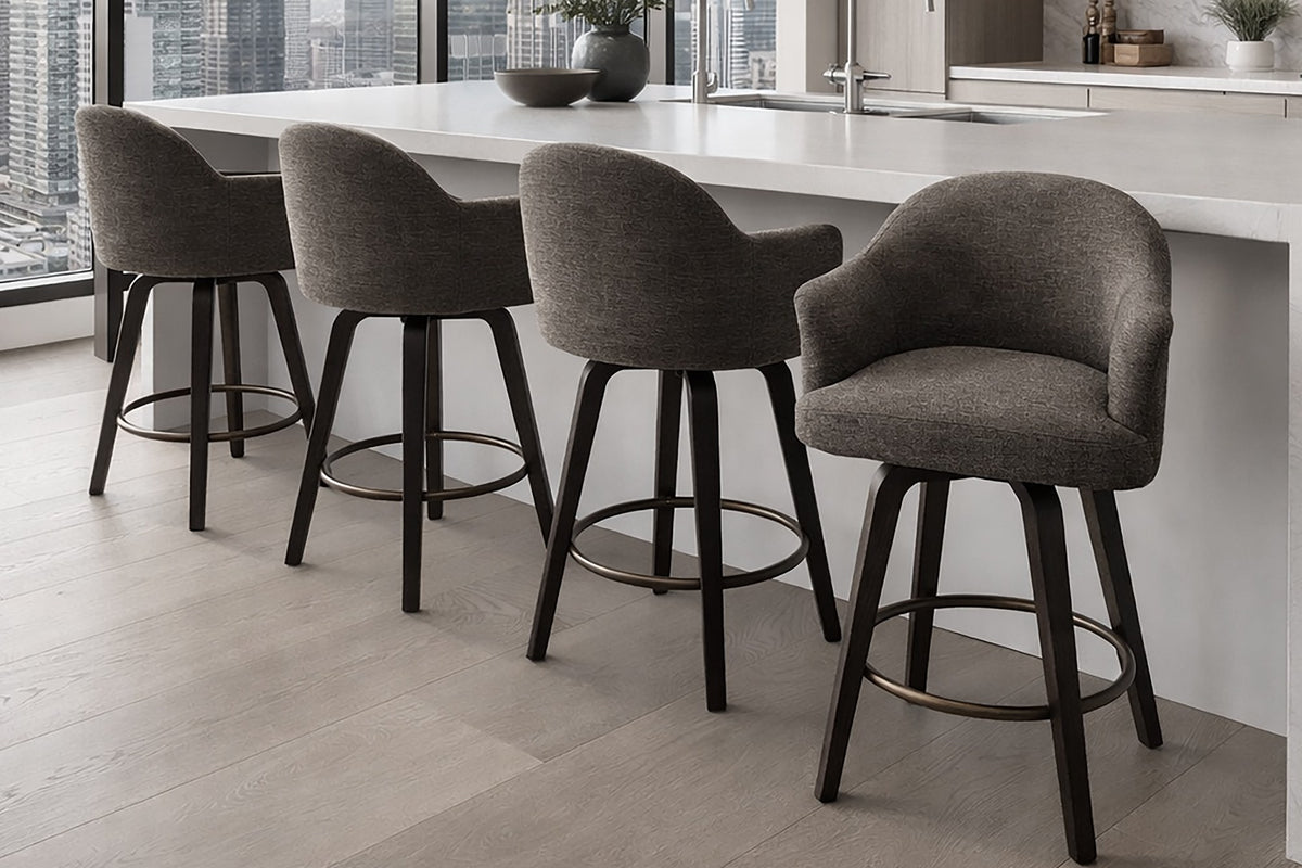 Miles warm charcoal fabric swivel counter stools at a kitchen island with city views