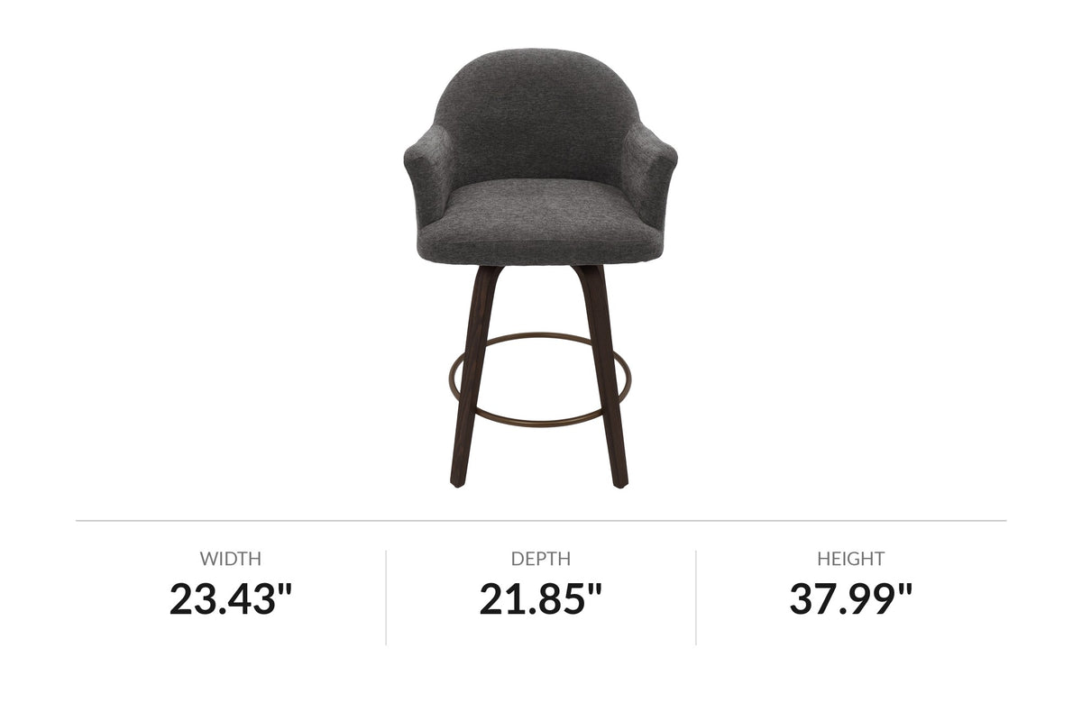 Miles swivel counter stool in warm charcoal fabric, front view with dimensions