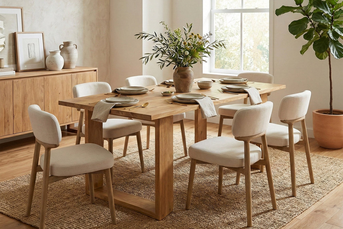 Mireille honey acacia dining table set for six under a woven pendant in a bright dining room