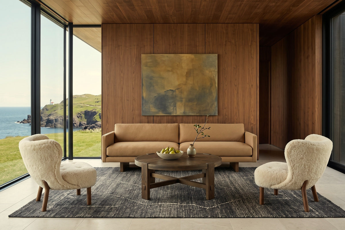 Mondavio coffee table in Smokey Chestnut in a Ferryland house, with walnut panelling, a camel sofa