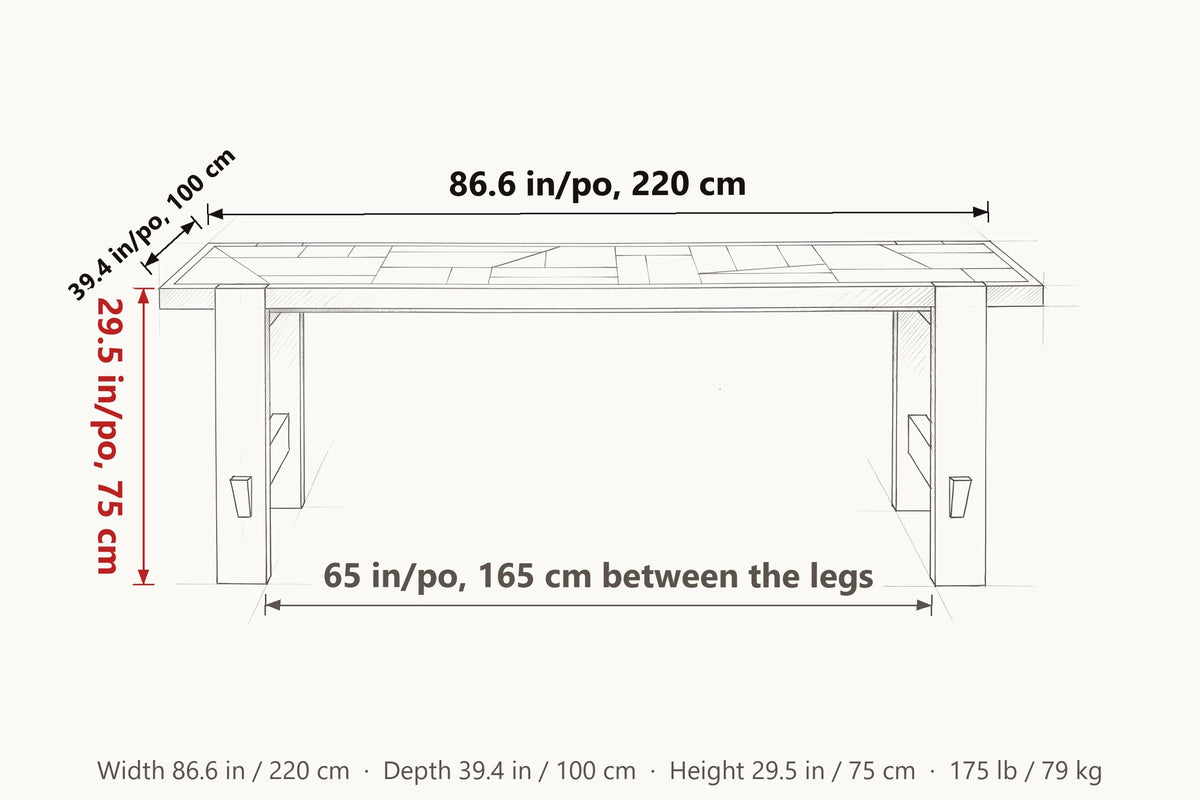 Mondavio dimensions on a pencil sketch of the table: 86.6 in long, 39.4 in deep, 29.5 in high, 65 in between the legs