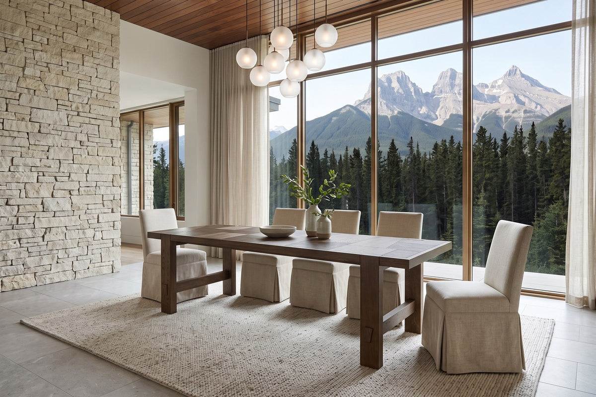 Mondavio dining table in Smokey Chestnut in a Canmore dining room facing the Three Sisters peaks, a dry-stack limestone wall