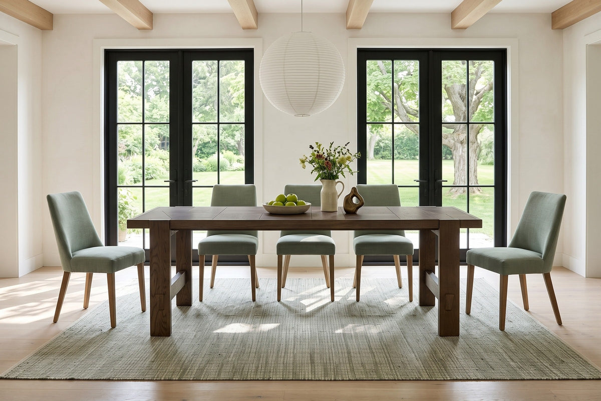 Mondavio dining table in Smokey Chestnut in a Prince Edward County farmhouse with limewashed walls, oak beams