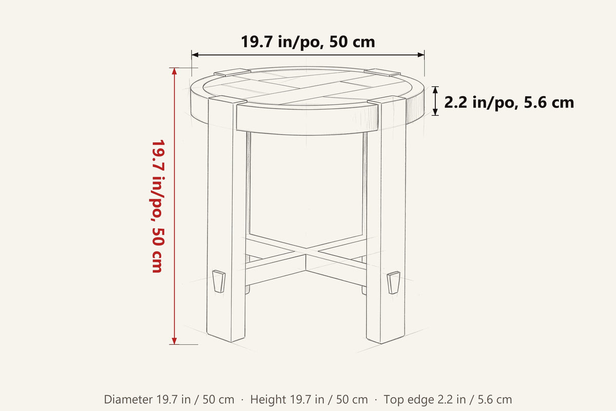 Mondavio side table dimensions on a pencil sketch: 19.7 in across, 19.7 in high, a 2.2 in top edge