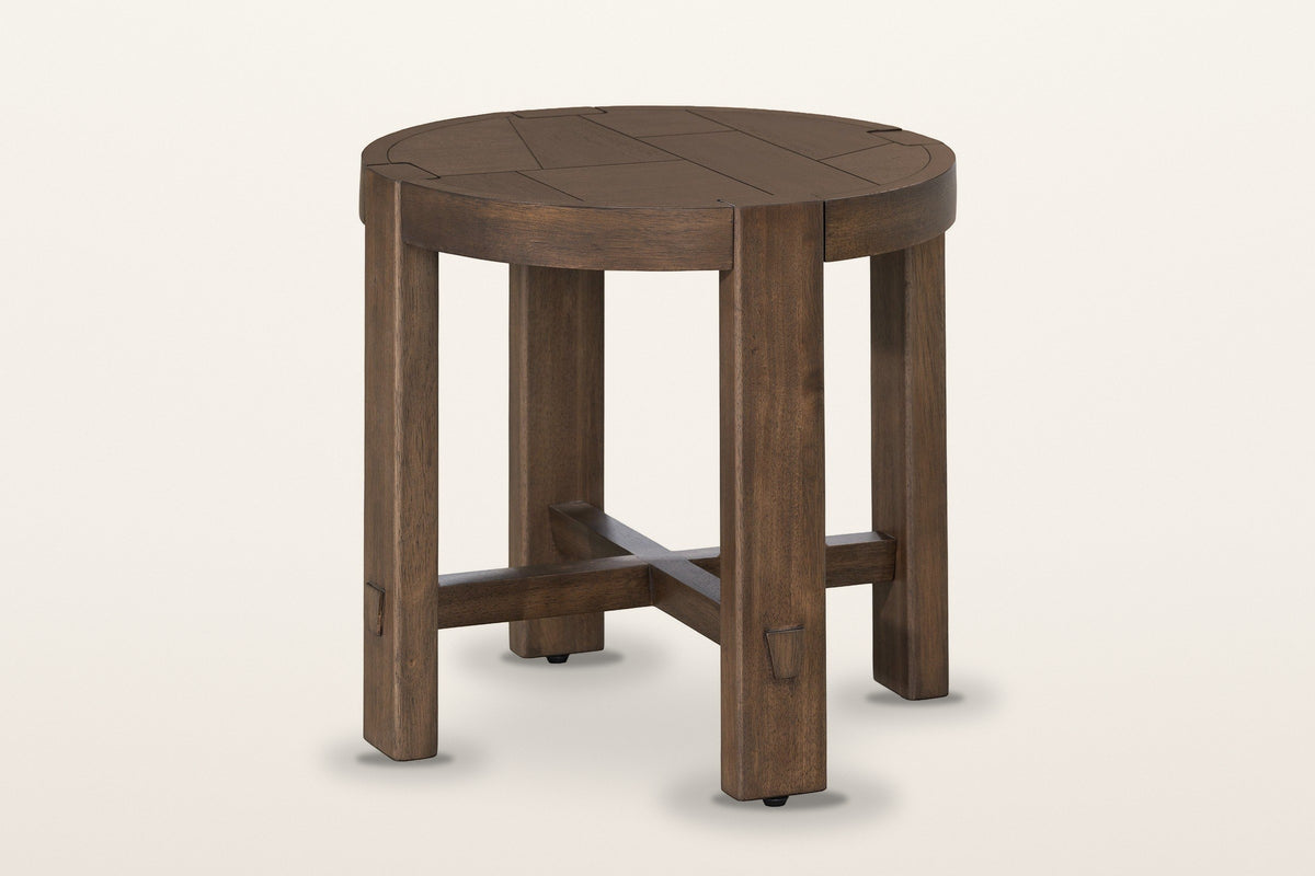 Mondavio round side table in Smoked Acacia, three-quarter view on a warm white studio backdrop: a mosaic top in a thick rim o
