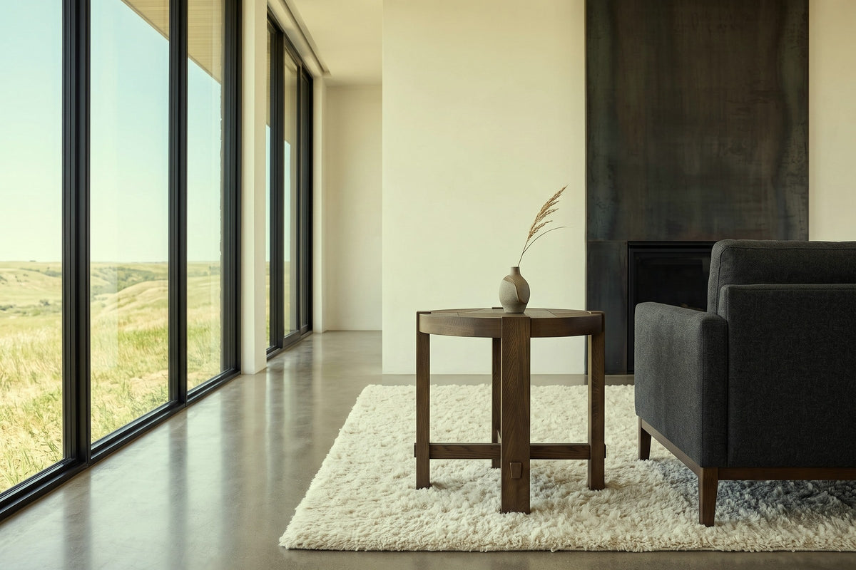 Mondavio side table in Smokey Chestnut beside a charcoal armchair in an Eastend prairie house