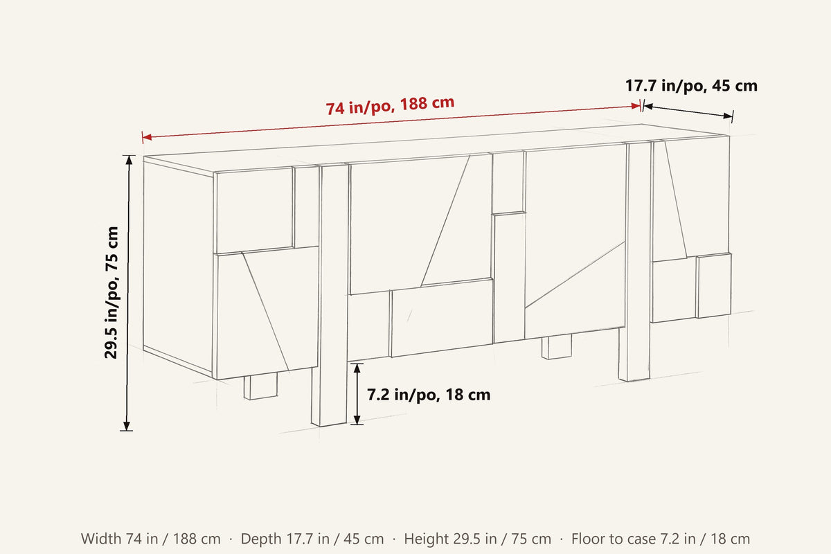 Mondavio dimensions on a pencil sketch of the sideboard: 74 in wide, 17.7 in deep, 29.5 in high