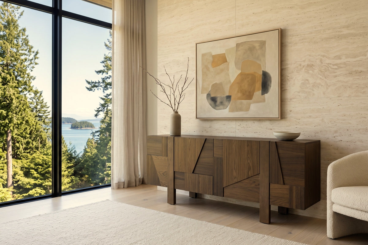 Mondavio sideboard in Smokey Chestnut against a honed travertine wall in a Halfmoon Bay house