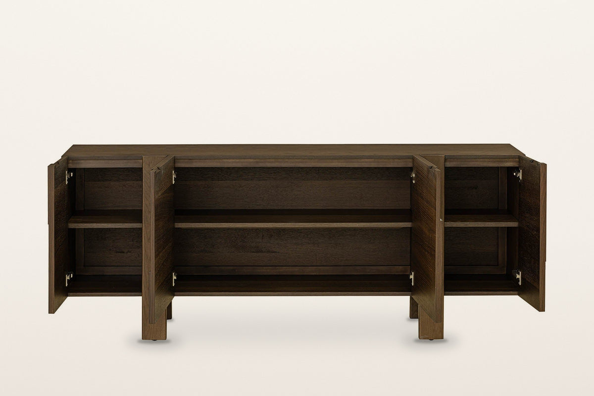 Mondavio sideboard in Smokey Chestnut with all four doors open on a warm white studio backdrop, showing the shelves inside