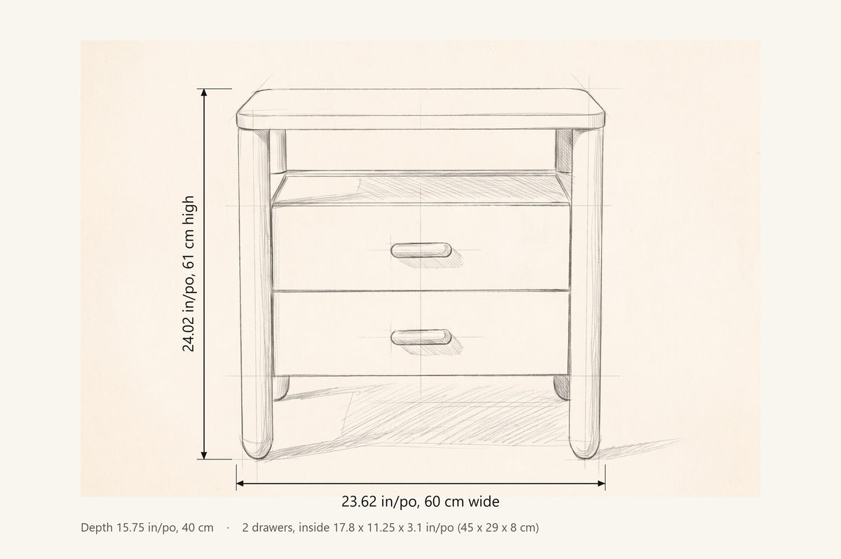 Montagnana nightstand dimensions: 23.62 in wide, 24.02 in high, 15.75 in deep, 2 drawers each 17.8 x 11.25 x 3.1 in inside
