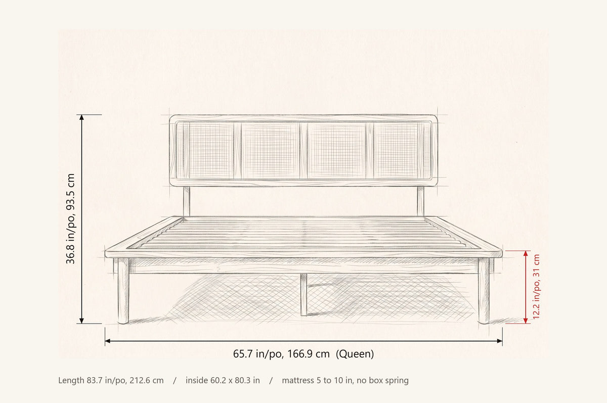 Montalcino cane bed dimensions: Queen 65.7 in wide, 36.8 in high, frame 12.2 in, 83.7 in long