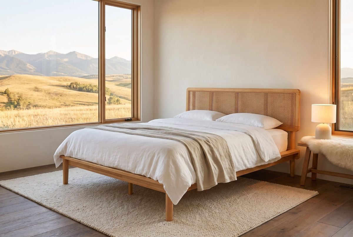 Montalcino cane bed in evening light beside a window onto rolling foothills and mountains