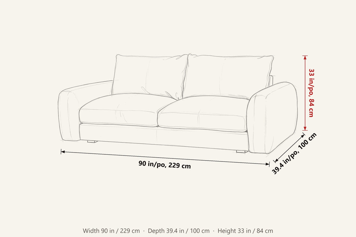 Montecassiano dimensions on a pencil sketch of the sofa: 90 in wide, 39.4 in deep, 33 in high