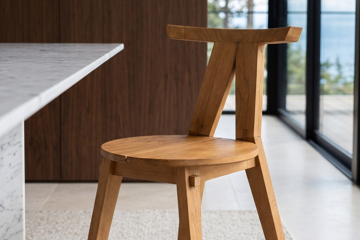 Close-up of the Montegiorgio chair: the flat teak top rail, the two posts in an inverted V and the round two-board seat