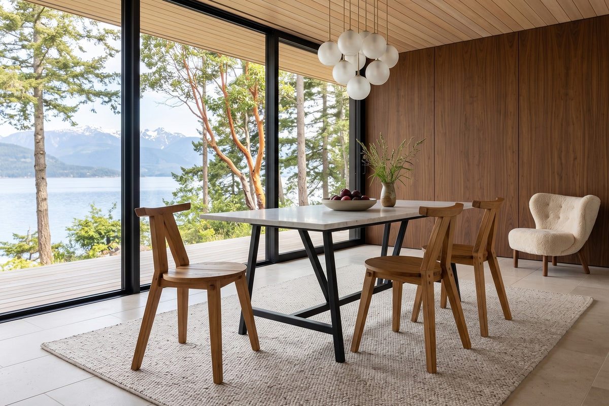 Montegiorgio dining chairs at a white marble table on a black steel base in a Denman Island house, seen from the corner