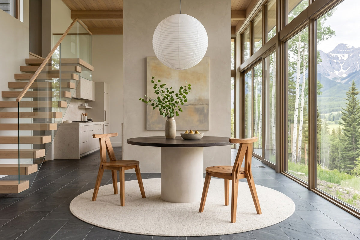 Two Montegiorgio dining chairs at a round smoked-oak table on a plaster drum in a Nordegg mountain house