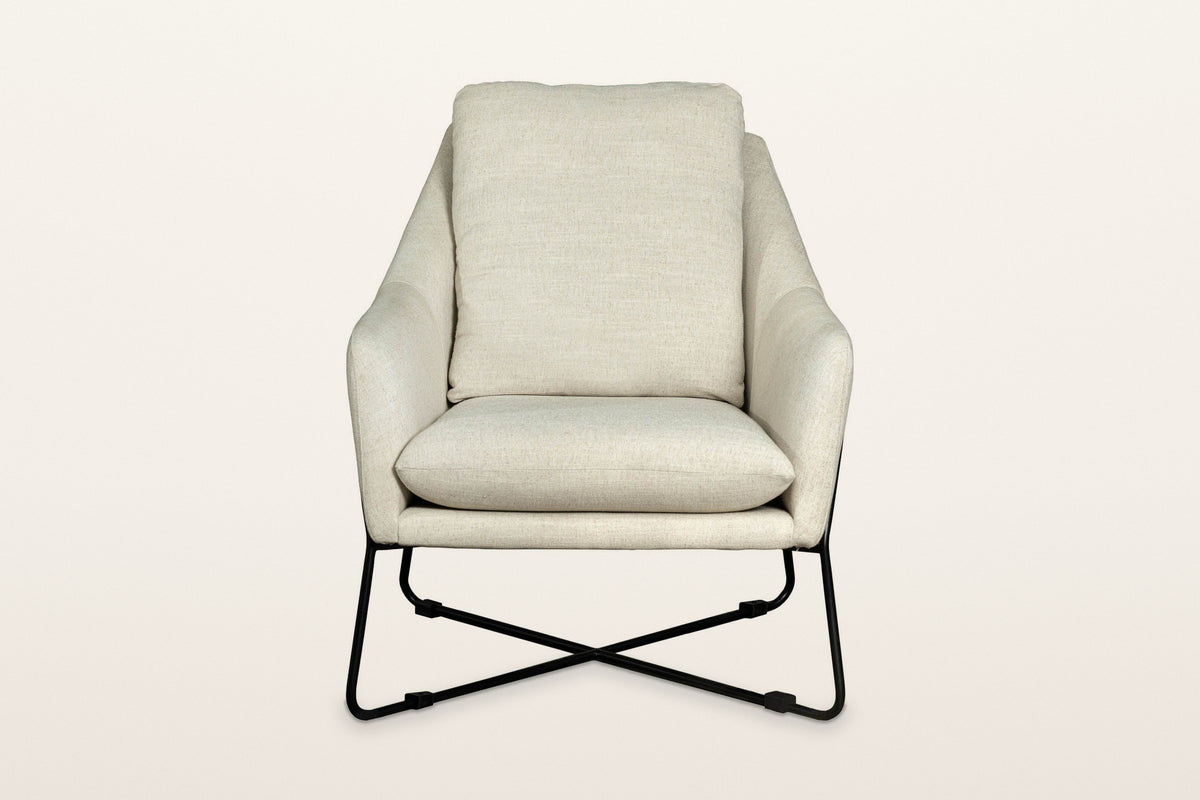 Montelupone accent chair in Taupe, straight front view on a warm white studio backdrop: the shell flares out toward the top