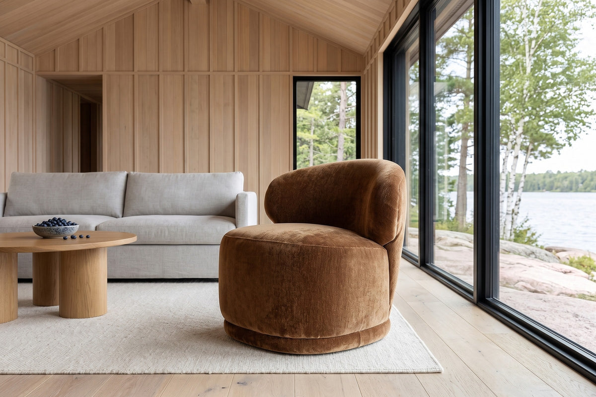 Monterubbiano accent chair in Bronze velvet in a Pinawa river house in Manitoba