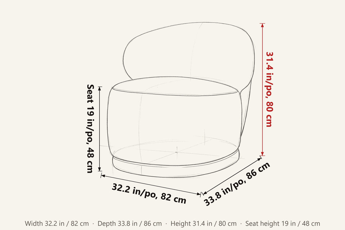 Monterubbiano dimensions on a pencil sketch of the chair: 31.4 in high, 33.8 in deep, 32.2 in wide, seat height 19 in