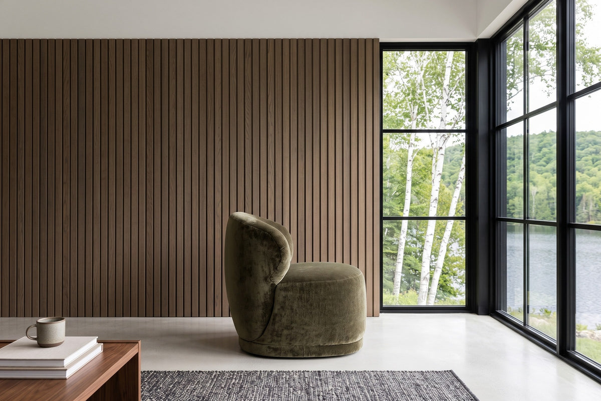 Monterubbiano accent chair in Khaki Green velvet in side profile in a Wentworth-Nord lake house in Quebec